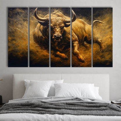 Bull Painting Print On Canvas, Office, Game Room Art, Charging Bull, 5 Panel B Canvas Print Wall Art, Extra Large Canvas