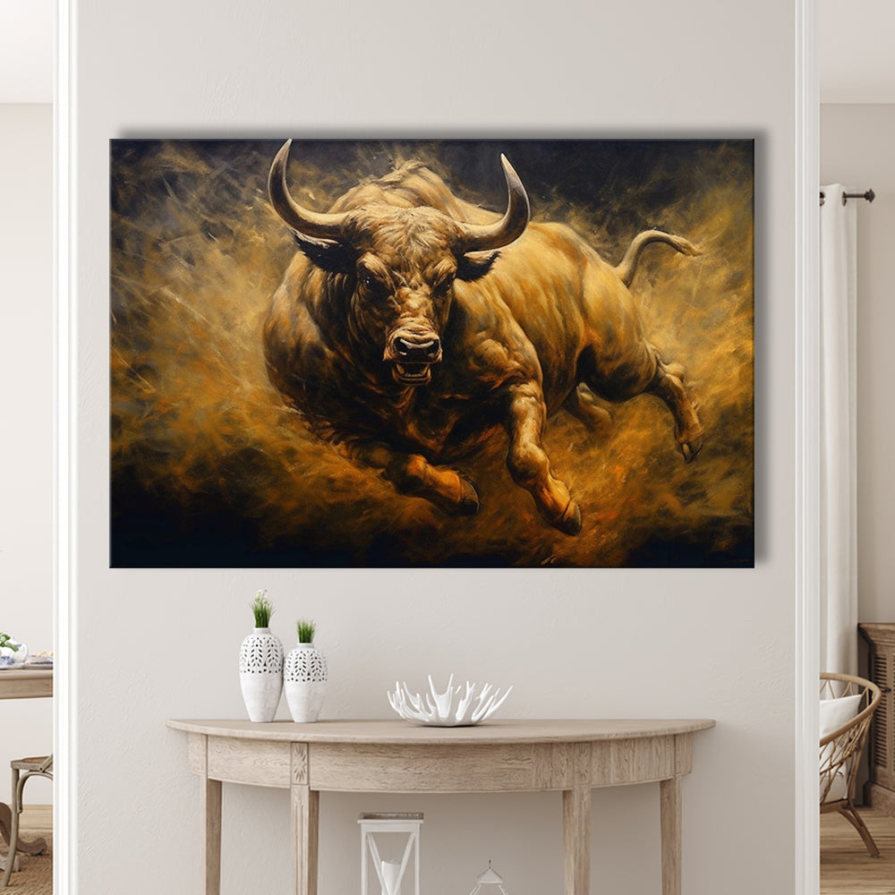 Bull Painting Print On Canvas, Office, Game Room Art, Charging Bull, Canvas Print Wall Art, Wall Decor, Painting Canvas