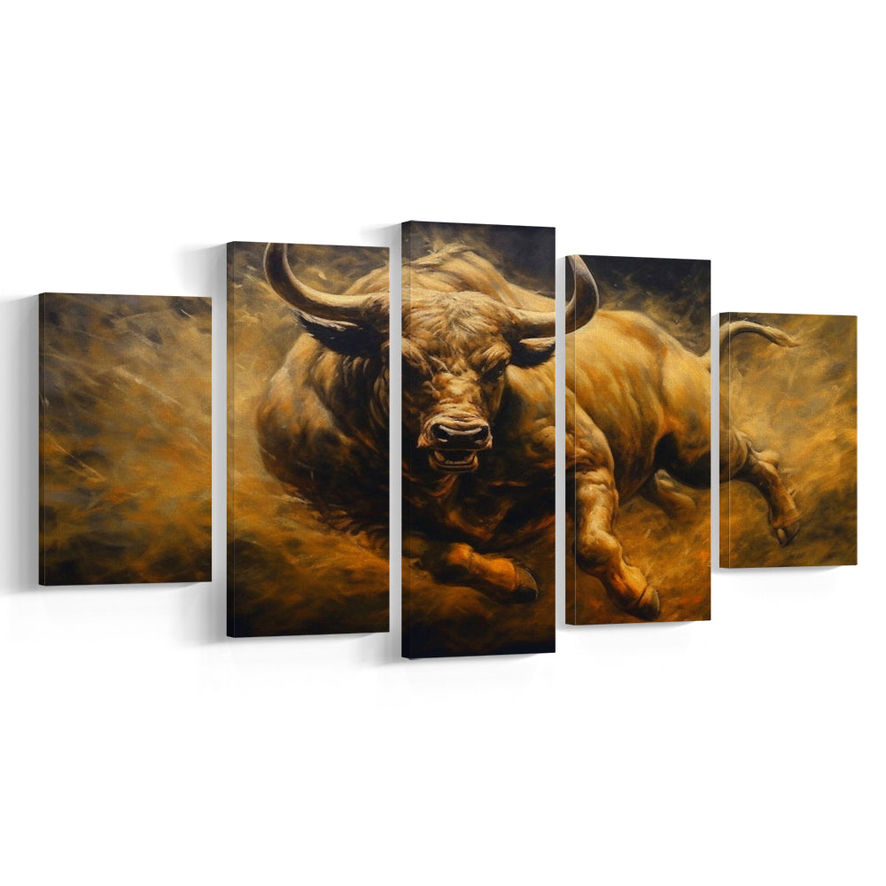 Bull Painting Print On Canvas, Office, Game Room Art, Charging Bull, 5 Panel Mixed Canvas Print Wall Art, Large Canvas