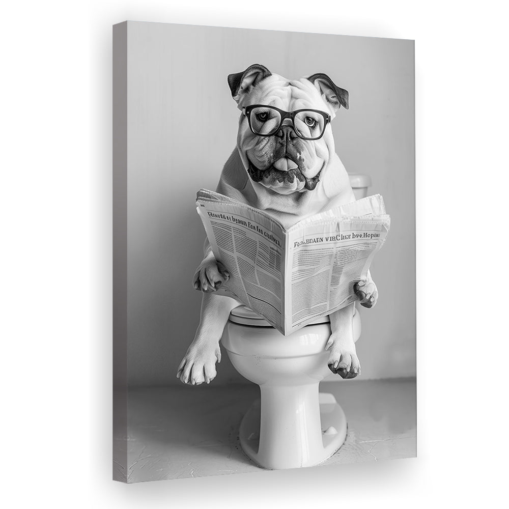 Bulldog Sitting On Toilet Canvas Print Wall Art, Dog Reading Newspaper, Black and White, Bathroom Wall Decor