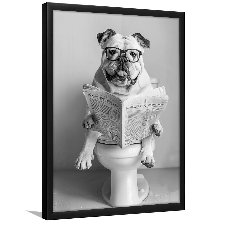 Bulldog Sitting On Toilet Framed Art Print Wall Decor, Dog Reading Newspaper, Black and White, Bathroom Wall Decor