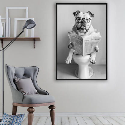 Bulldog Sitting On Toilet Framed Canvas Print Wall Art, Dog Reading Newspaper, Black and White, Bathroom Wall Decor