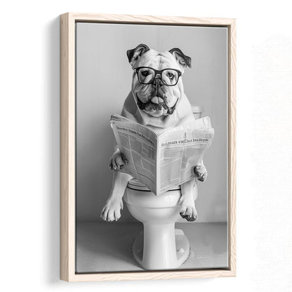 Bulldog Sitting On Toilet Framed Canvas Print Wall Art, Dog Reading Newspaper, Black and White, Bathroom Wall Decor