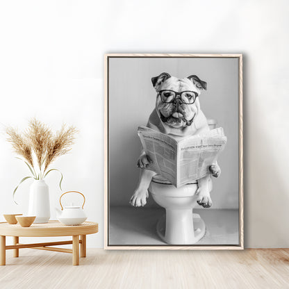 Bulldog Sitting On Toilet Framed Canvas Print Wall Art, Dog Reading Newspaper, Black and White, Bathroom Wall Decor