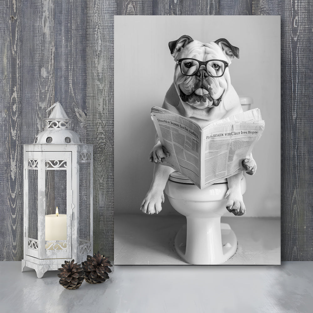 Bulldog Sitting On Toilet Canvas Print Wall Art, Dog Reading Newspaper, Black and White, Bathroom Wall Decor