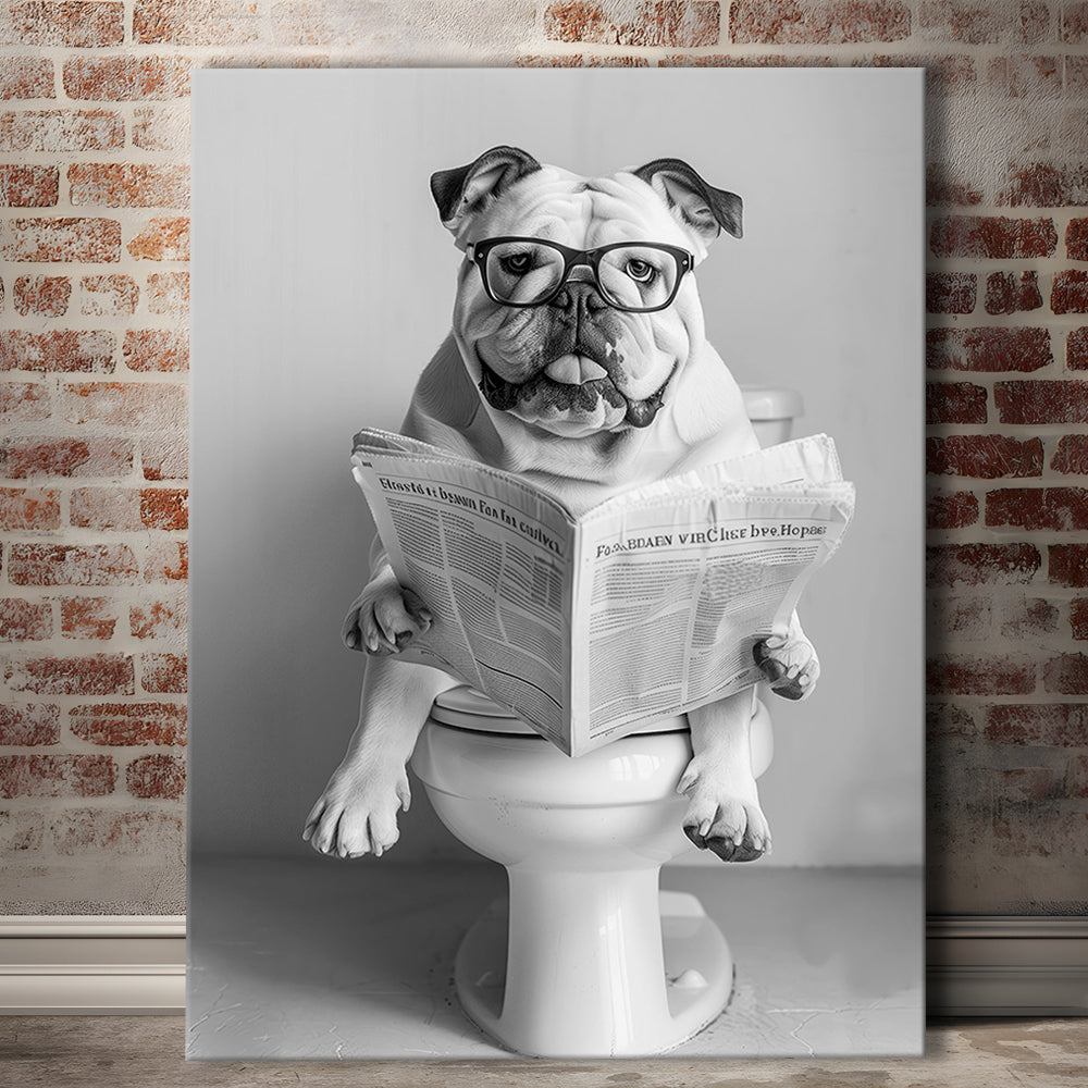 Bulldog Sitting On Toilet Canvas Print Wall Art, Dog Reading Newspaper, Black and White, Bathroom Wall Decor