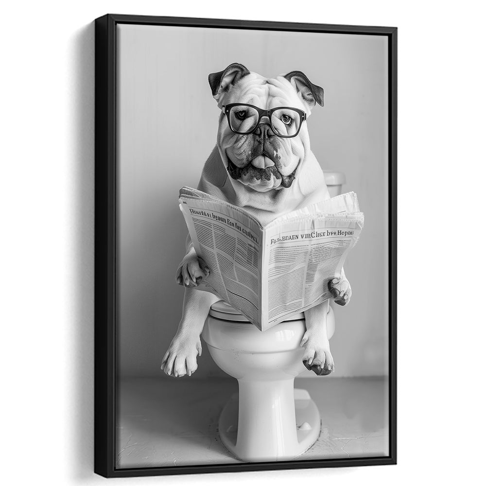 Bulldog Sitting On Toilet Framed Canvas Print Wall Art, Dog Reading Newspaper, Black and White, Bathroom Wall Decor