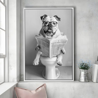 Bulldog Sitting On Toilet Framed Canvas Print Wall Art, Dog Reading Newspaper, Black and White, Bathroom Wall Decor