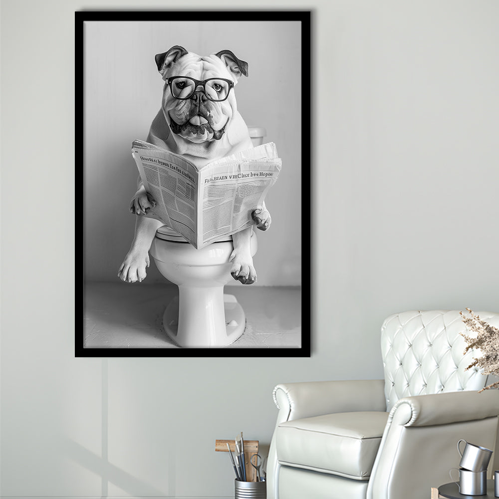 Bulldog Sitting On Toilet Framed Art Print Wall Decor, Dog Reading Newspaper, Black and White, Bathroom Wall Decor