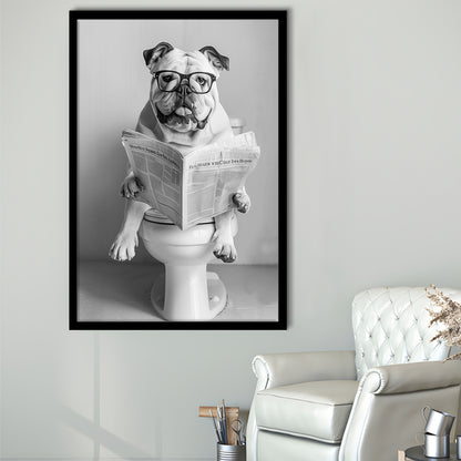 Bulldog Sitting On Toilet Framed Art Print Wall Decor, Dog Reading Newspaper, Black and White, Bathroom Wall Decor
