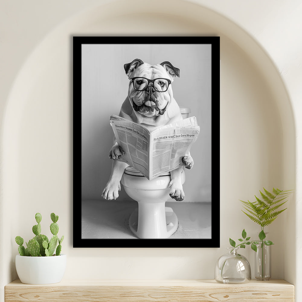 Bulldog Sitting On Toilet Framed Art Print Wall Decor, Dog Reading Newspaper, Black and White, Bathroom Wall Decor