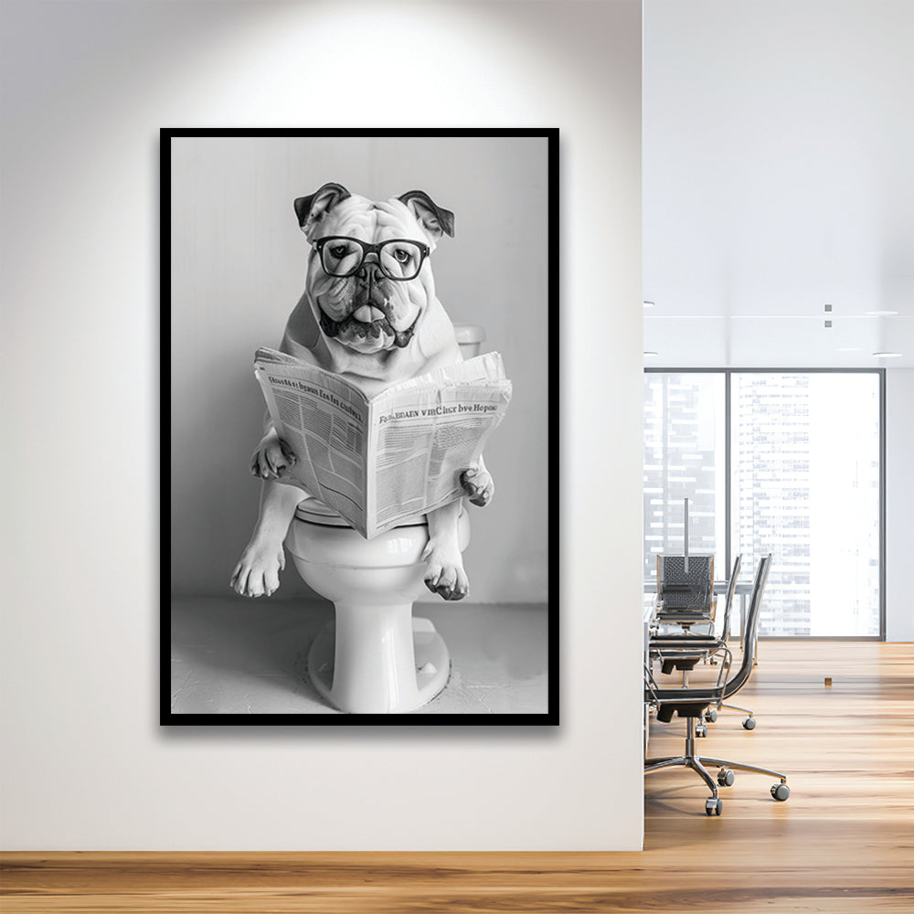 Bulldog Sitting On Toilet Framed Art Print Wall Decor, Dog Reading Newspaper, Black and White, Bathroom Wall Decor