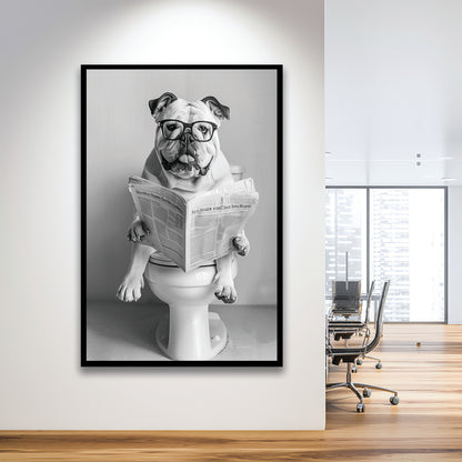 Bulldog Sitting On Toilet Framed Art Print Wall Decor, Dog Reading Newspaper, Black and White, Bathroom Wall Decor