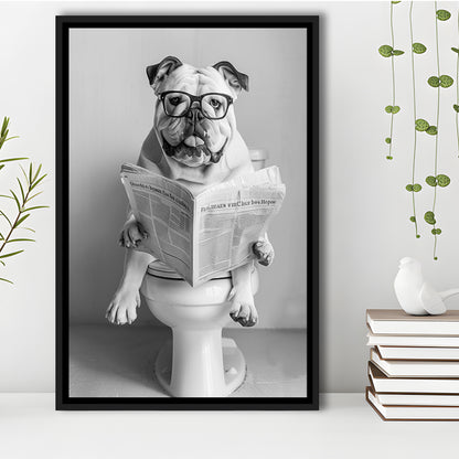 Bulldog Sitting On Toilet Framed Canvas Print Wall Art, Dog Reading Newspaper, Black and White, Bathroom Wall Decor