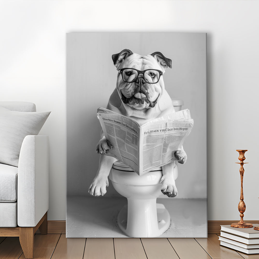 Bulldog Sitting On Toilet Canvas Print Wall Art, Dog Reading Newspaper, Black and White, Bathroom Wall Decor
