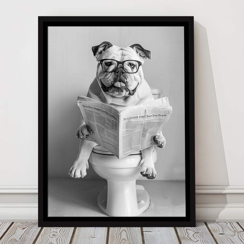Bulldog Sitting On Toilet Framed Canvas Print Wall Art, Dog Reading Newspaper, Black and White, Bathroom Wall Decor