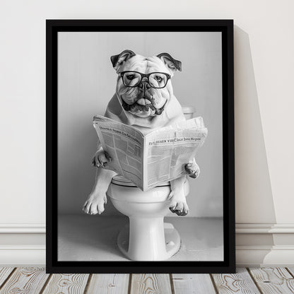Bulldog Sitting On Toilet Framed Canvas Print Wall Art, Dog Reading Newspaper, Black and White, Bathroom Wall Decor