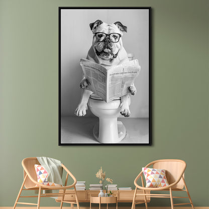 Bulldog Sitting On Toilet Framed Canvas Print Wall Art, Dog Reading Newspaper, Black and White, Bathroom Wall Decor