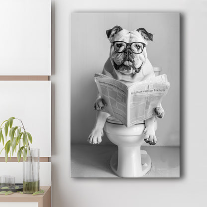 Bulldog Sitting On Toilet Canvas Print Wall Art, Dog Reading Newspaper, Black and White, Bathroom Wall Decor