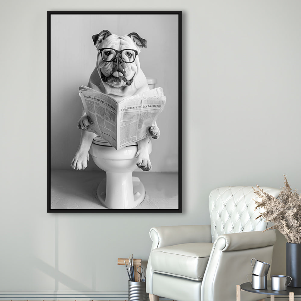 Bulldog Sitting On Toilet Framed Canvas Print Wall Art, Dog Reading Newspaper, Black and White, Bathroom Wall Decor