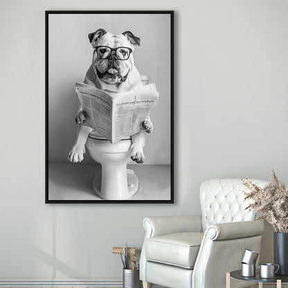 Bulldog Sitting On Toilet Framed Canvas Print Wall Art, Dog Reading Newspaper, Black and White, Bathroom Wall Decor