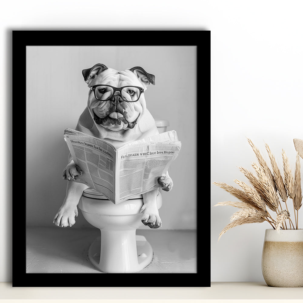 Bulldog Sitting On Toilet Framed Art Print Wall Decor, Dog Reading Newspaper, Black and White, Bathroom Wall Decor