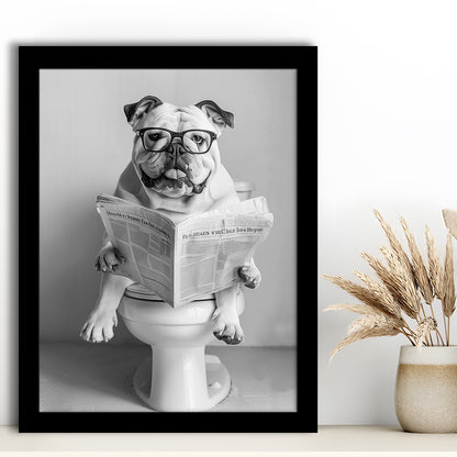 Bulldog Sitting On Toilet Framed Art Print Wall Decor, Dog Reading Newspaper, Black and White, Bathroom Wall Decor