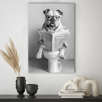 Bulldog Sitting On Toilet Canvas Print Wall Art, Dog Reading Newspaper, Black and White, Bathroom Wall Decor