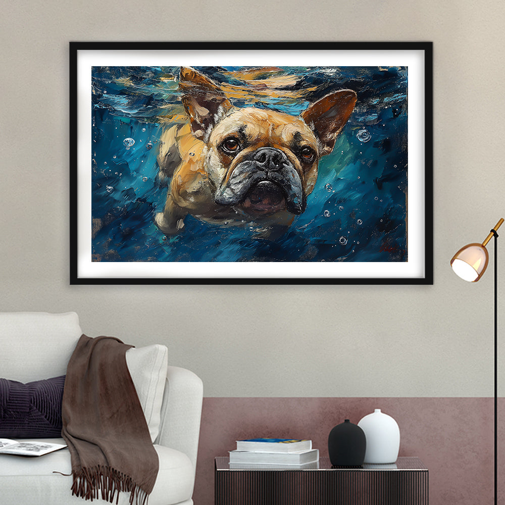 Bulldog Swiming Underwater Acrylic Painting, Framed  Print, Painting Art, Framed Art Print White Border Wall Decor