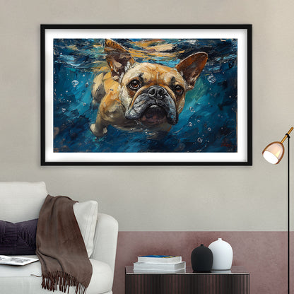 Bulldog Swiming Underwater Acrylic Painting, Framed  Print, Painting Art, Framed Art Print White Border Wall Decor