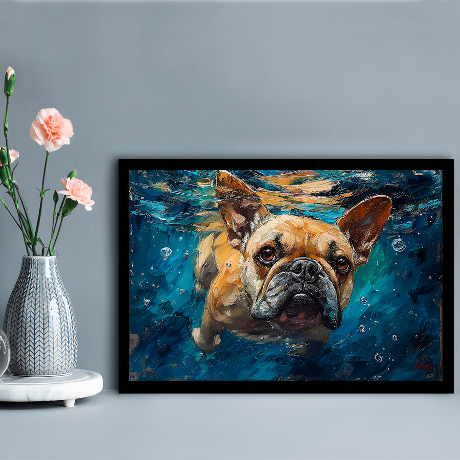 Bulldog Swiming Underwater Acrylic Painting, Framed  Print, Painting Art, Framed Art Print Wall Decor, Framed Picture