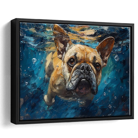 Bulldog Swiming Underwater Acrylic Painting, Framed Canvas Print, Painting Art, Floating Framed Canvas Print Wall Art