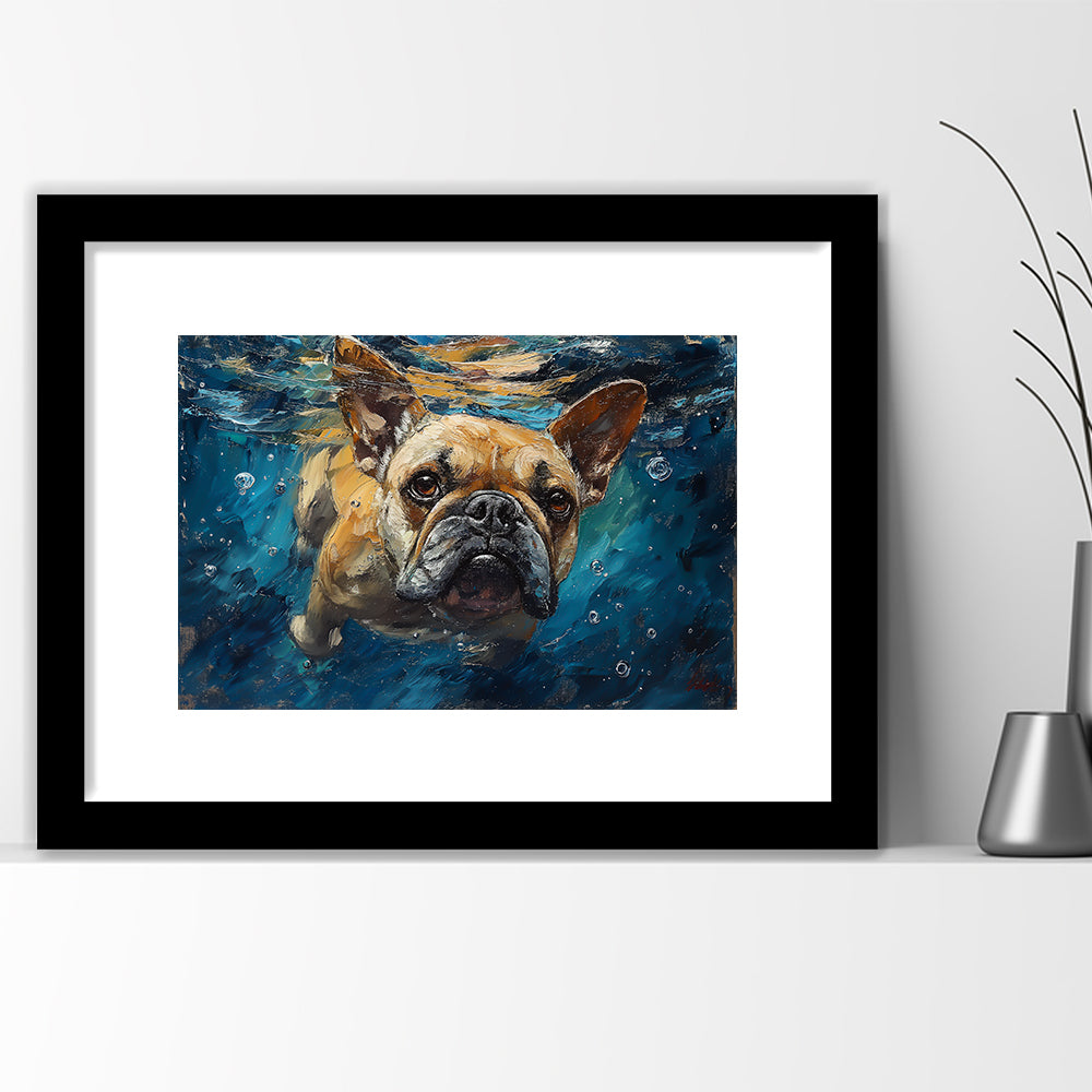 Bulldog Swiming Underwater Acrylic Painting, Framed  Print, Painting Art, Framed Art Print White Border Wall Decor