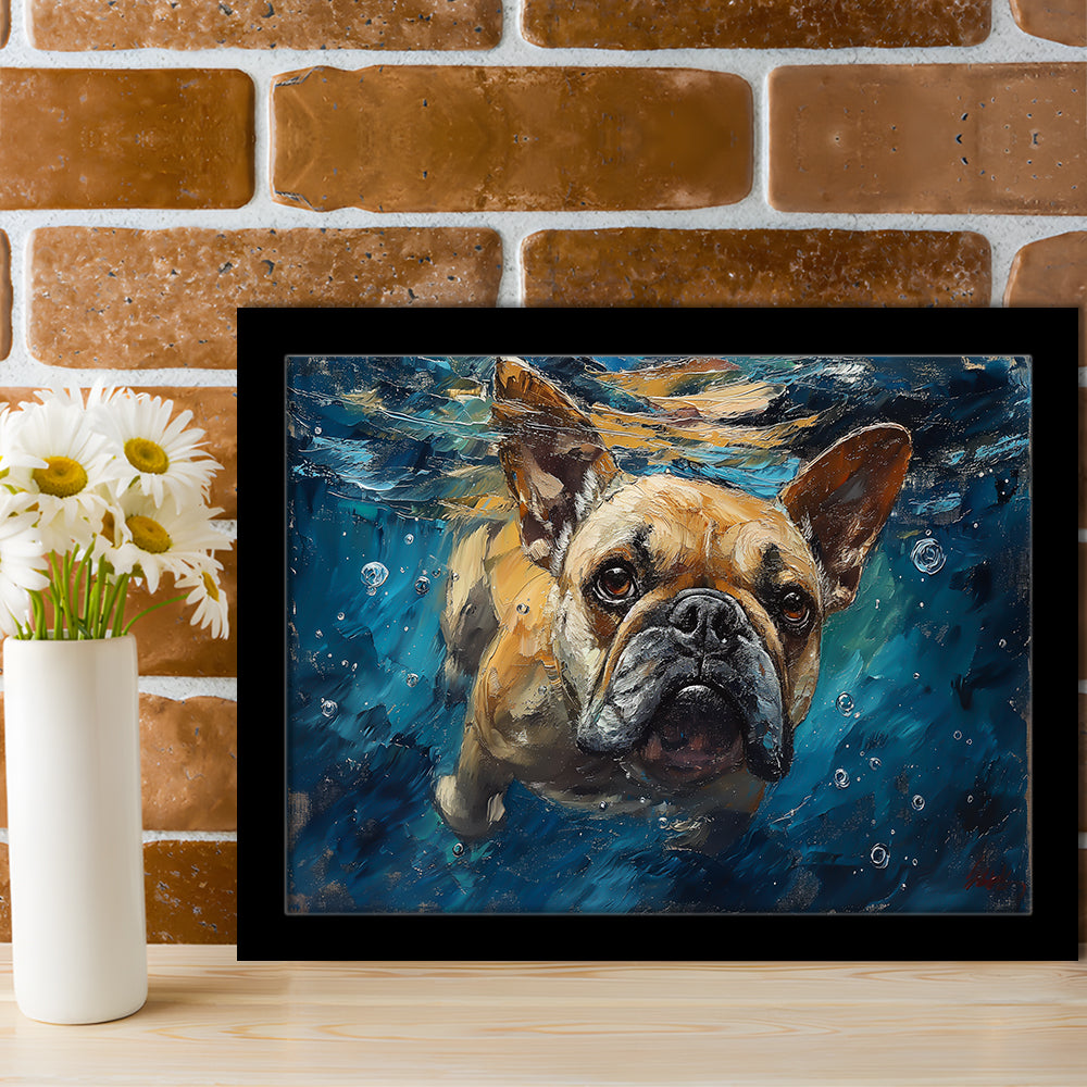 Bulldog Swiming Underwater Acrylic Painting, Framed  Print, Painting Art, Framed Art Print Wall Decor, Framed Picture