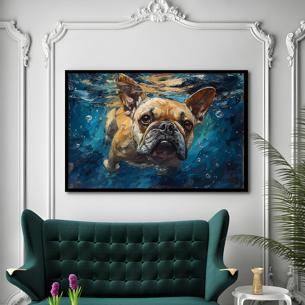 Bulldog Swiming Underwater Acrylic Painting, Framed  Print, Painting Art, Framed Art Print Wall Decor, Framed Picture