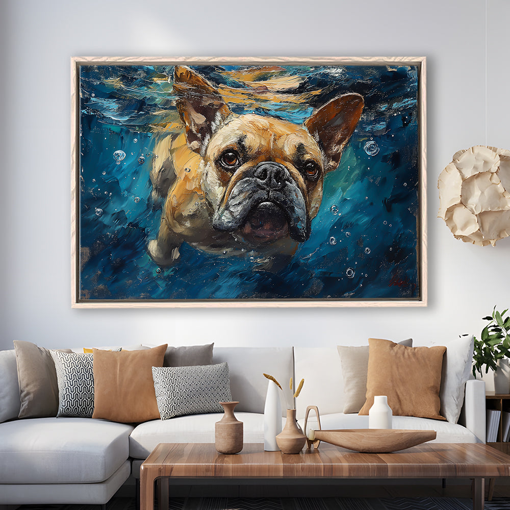 Bulldog Swiming Underwater Acrylic Painting, Framed Canvas Print, Painting Art, Floating Framed Canvas Print Wall Art