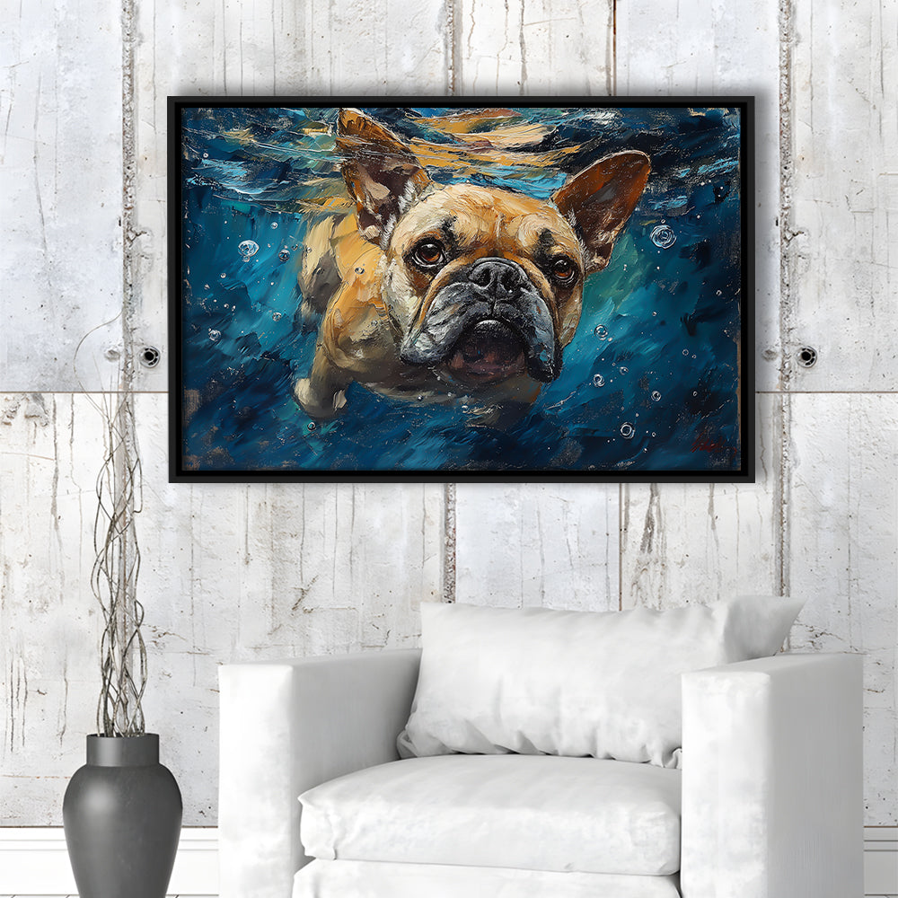 Bulldog Swiming Underwater Acrylic Painting, Framed Canvas Print, Painting Art, Floating Framed Canvas Print Wall Art