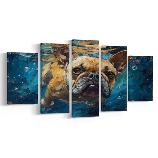 Bulldog Swiming Underwater Acrylic Painting, Canvas Art Decor Print, Painting Art, Mixed Panels Canvas Print Wall Art