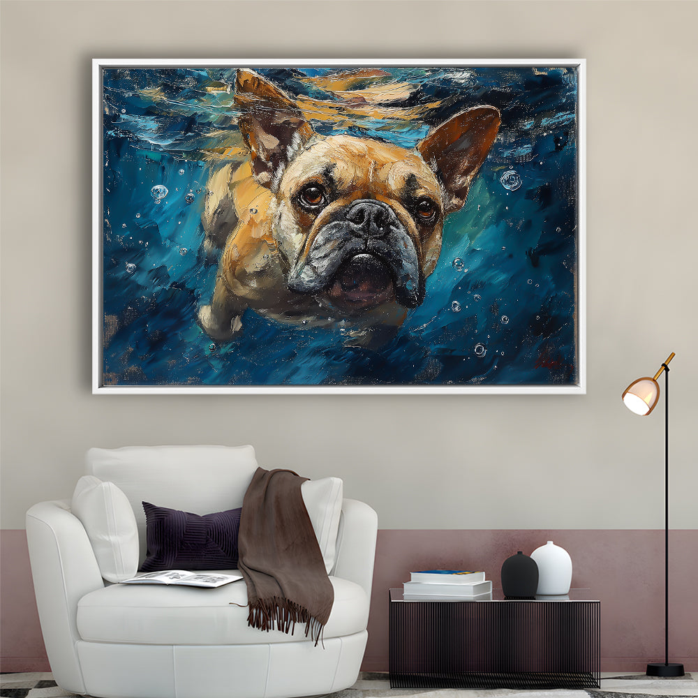 Bulldog Swiming Underwater Acrylic Painting, Framed Canvas Print, Painting Art, Floating Framed Canvas Print Wall Art