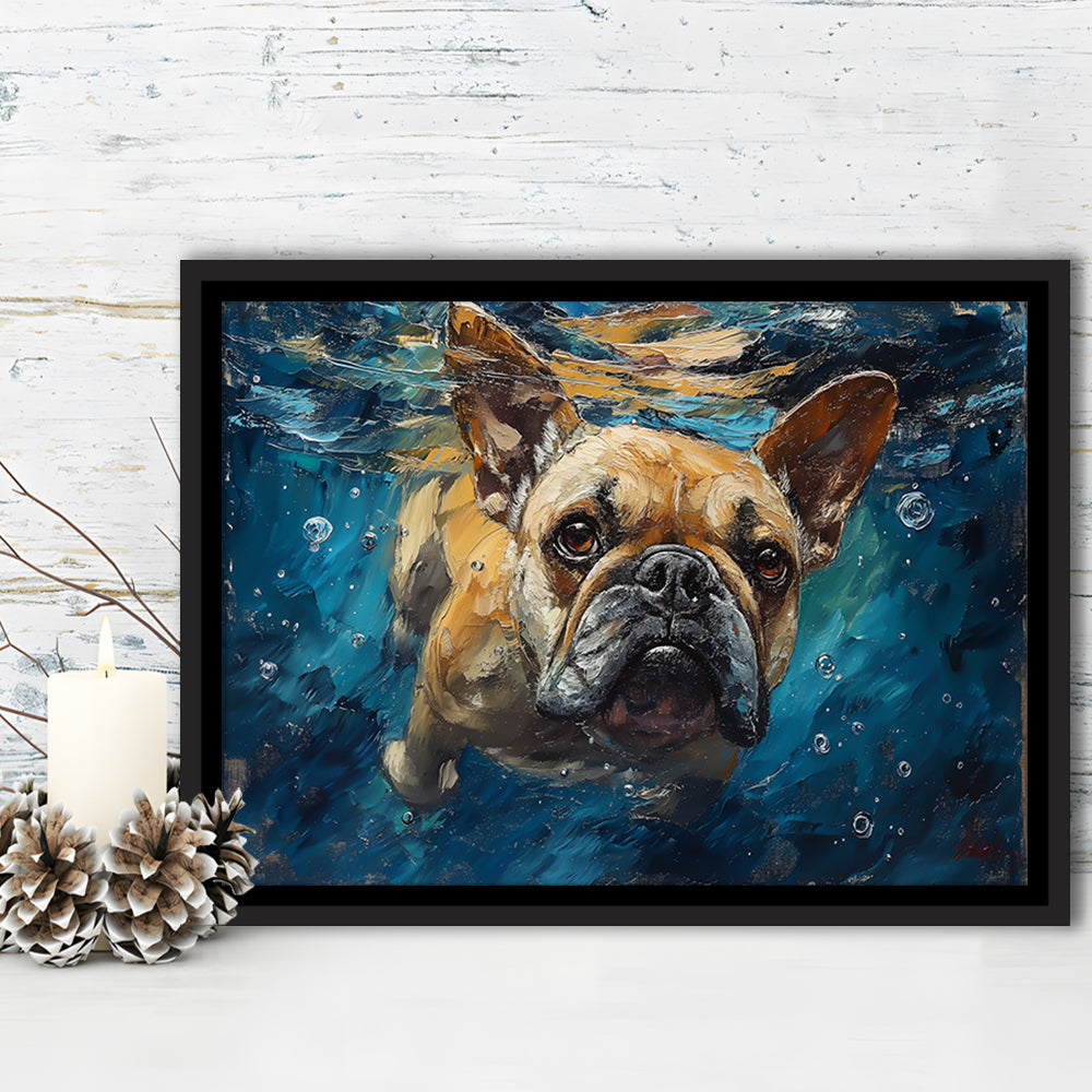 Bulldog Swiming Underwater Acrylic Painting, Framed Canvas Print, Painting Art, Floating Framed Canvas Print Wall Art