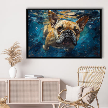 Bulldog Swiming Underwater Acrylic Painting, Framed Canvas Print, Painting Art, Floating Framed Canvas Print Wall Art