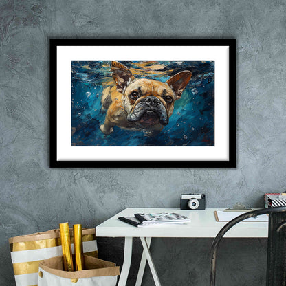 Bulldog Swiming Underwater Acrylic Painting, Framed  Print, Painting Art, Framed Art Print White Border Wall Decor