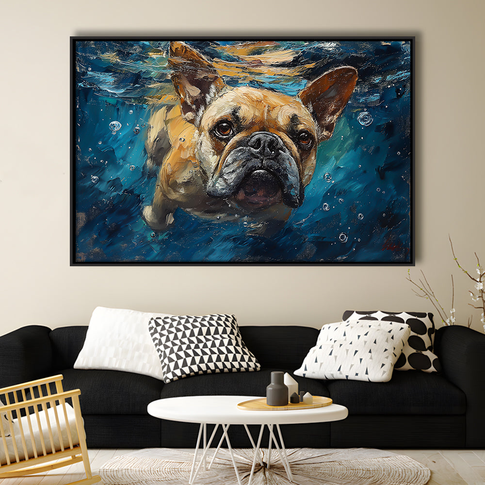 Bulldog Swiming Underwater Acrylic Painting, Framed Canvas Print, Painting Art, Floating Framed Canvas Print Wall Art