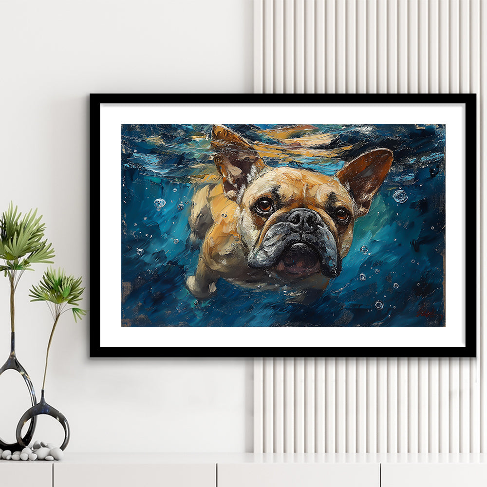 Bulldog Swiming Underwater Acrylic Painting, Framed  Print, Painting Art, Framed Art Print White Border Wall Decor