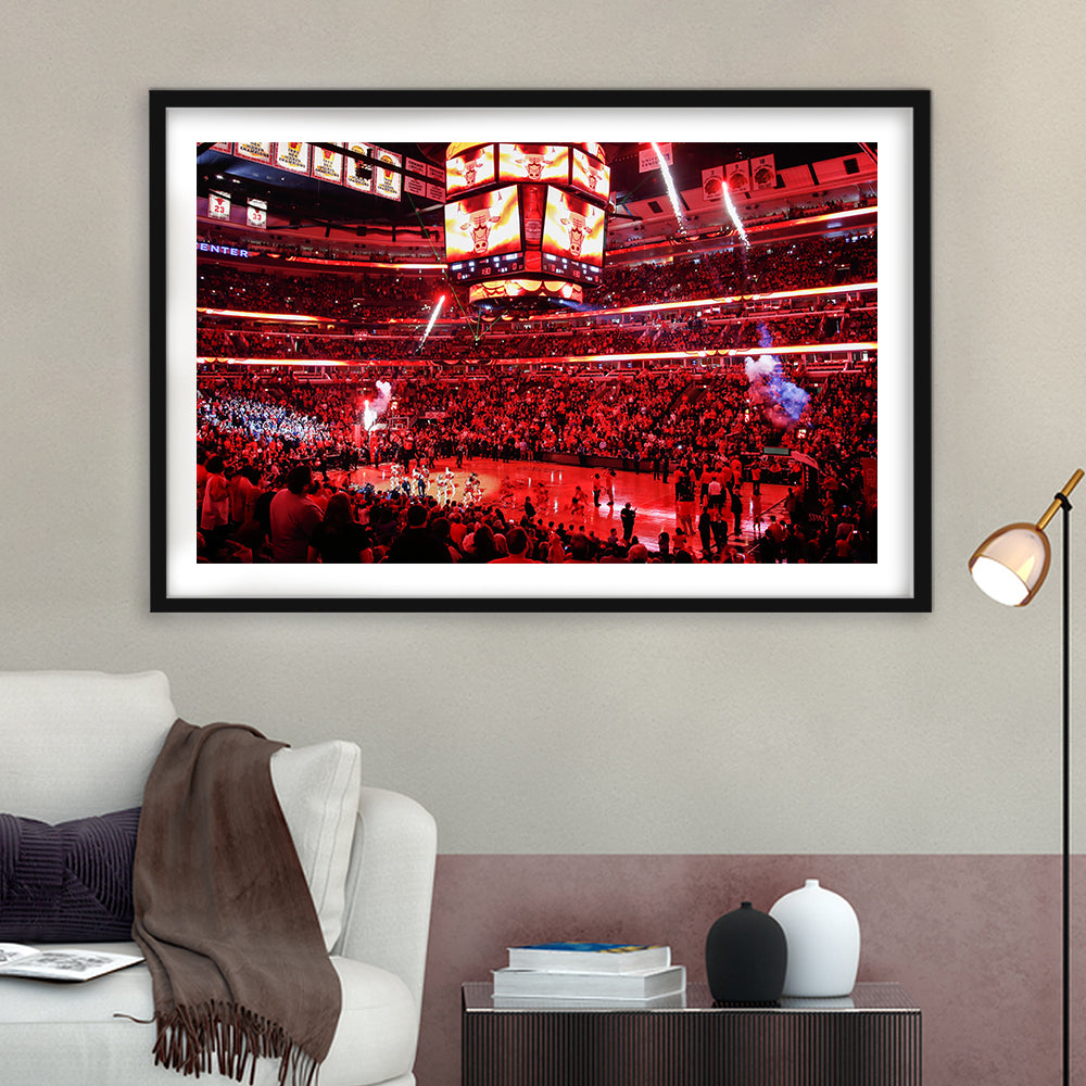 Bulls in United Center, Stadium Canvas, Sport Art, Gift for him, White Border Framed Art Print Wall Decor