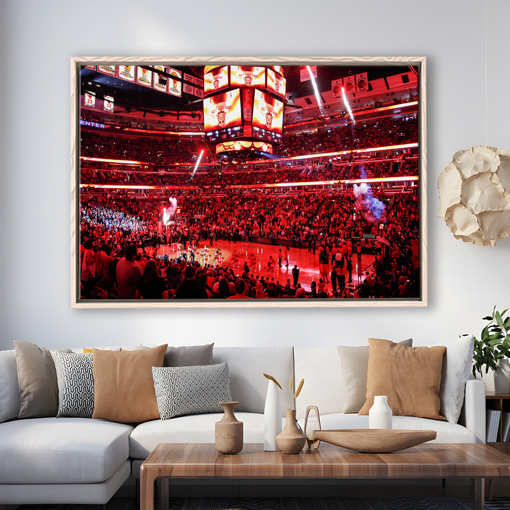 Bulls in United Center, Stadium Canvas, Sport Art, Framed Canvas Print Wall Art, Floating Frame