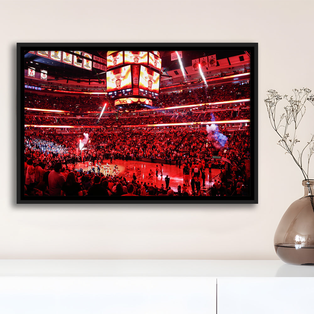 Bulls in United Center, Stadium Canvas, Sport Art, Framed Canvas Print Wall Art, Floating Frame