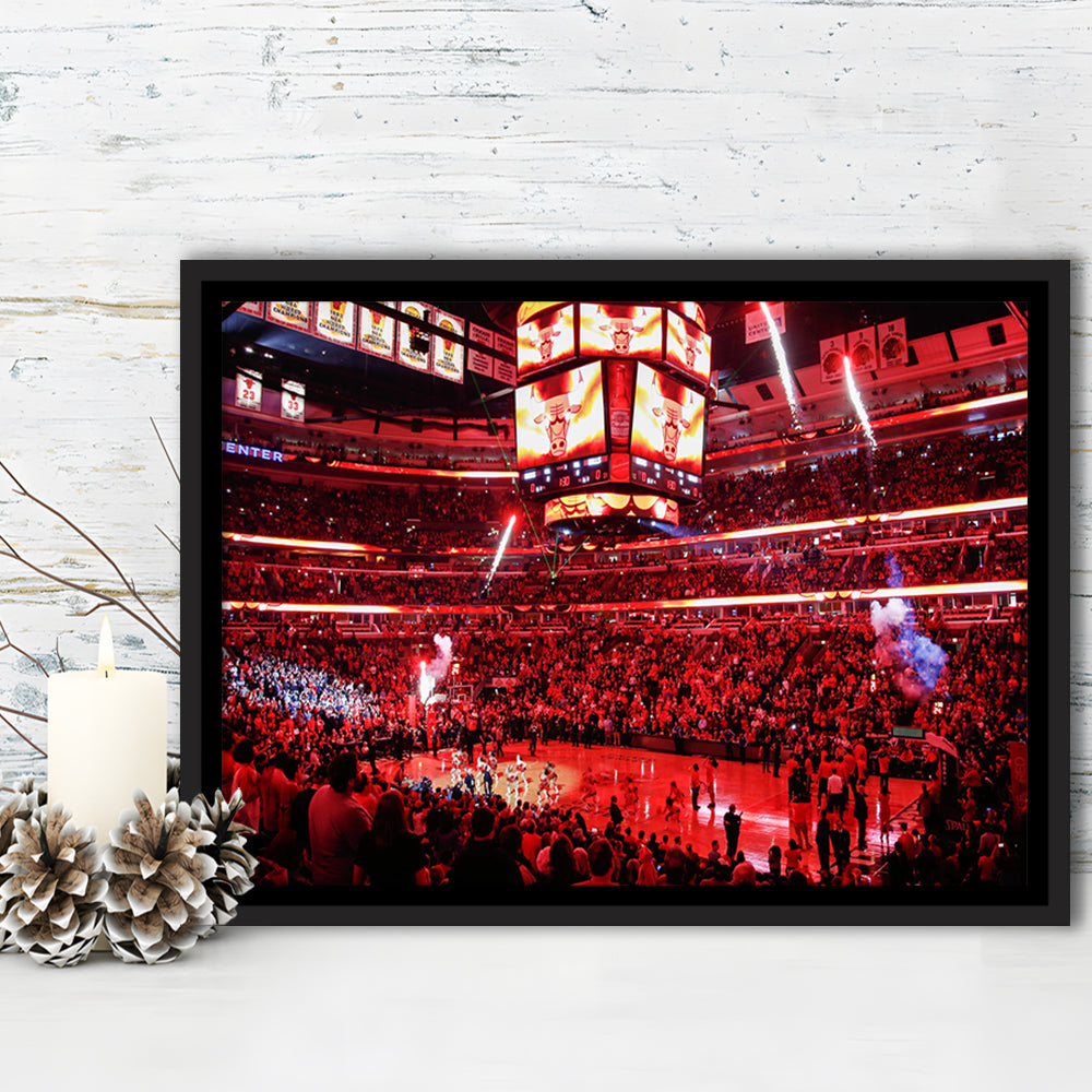 Bulls in United Center, Stadium Canvas, Sport Art, Framed Canvas Print Wall Art, Floating Frame