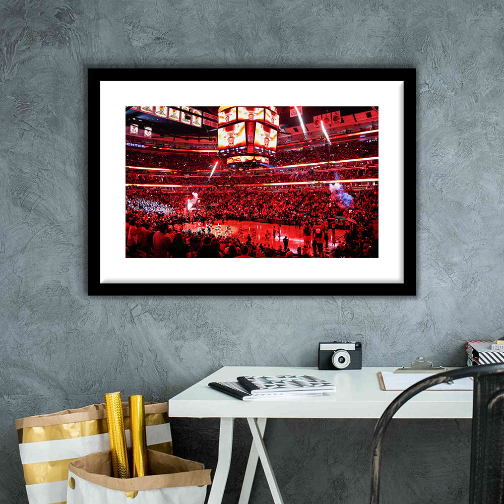 Bulls in United Center, Stadium Canvas, Sport Art, Gift for him, White Border Framed Art Print Wall Decor