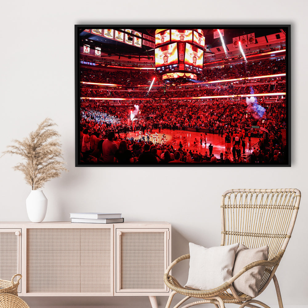 Bulls in United Center, Stadium Canvas, Sport Art, Framed Canvas Print Wall Art, Floating Frame